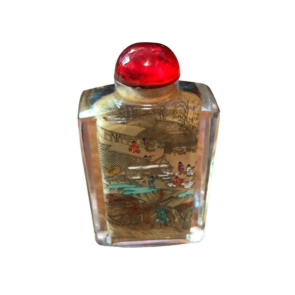 VINTAGE CHINESE SNUFF BOTTLE WITH STOPPER INSIDE REVERSE LANDSCAPE PAINTING 3" - Picture 2 of 3